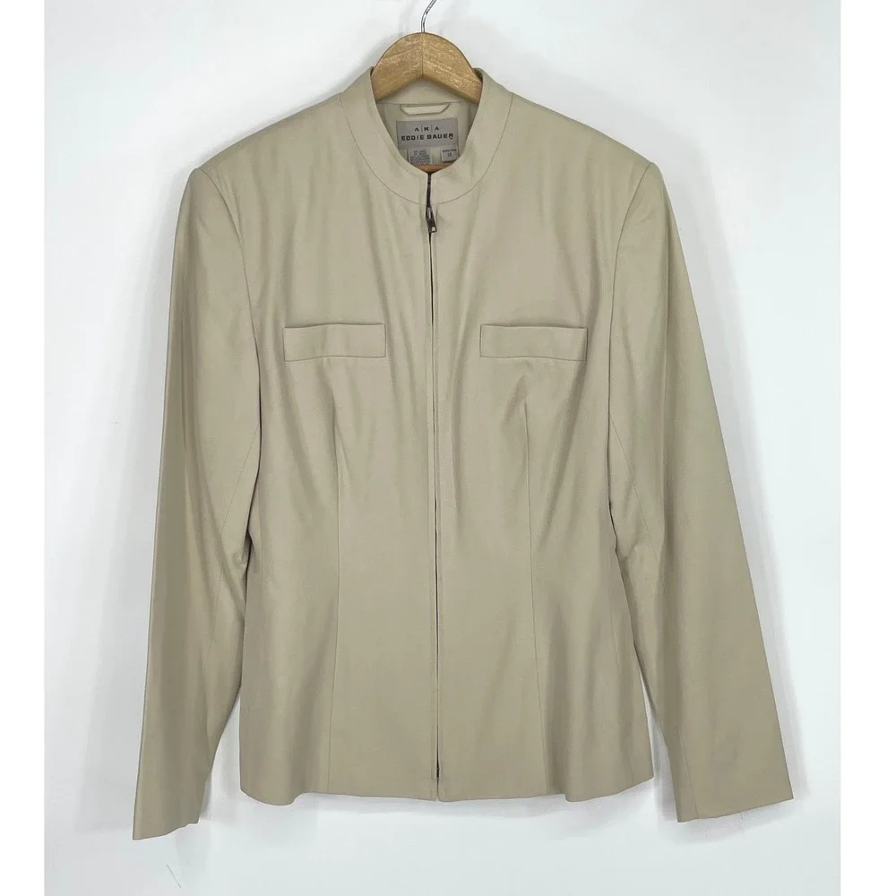 AKA Eddie Bauer Women Jacket 12 Zip Front Beige Twill Mandarin Collar